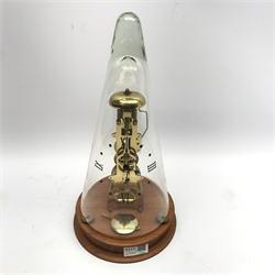 Hermle brass skeleton clock, single train driven movement, on circular fruitwood base with figured frieze, conical glass dome with Roman dial, H35cm