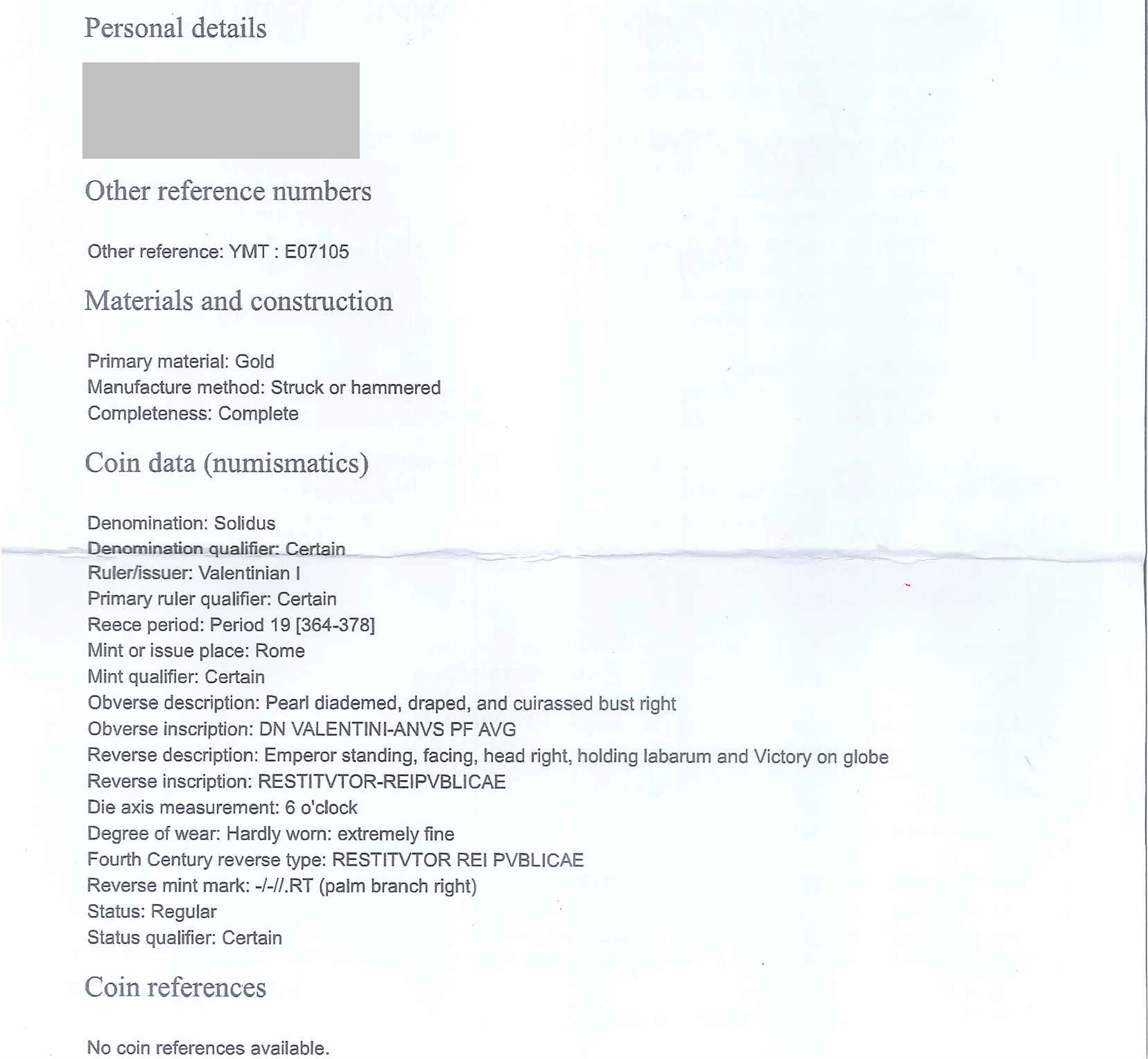 Roman gold Solidus coin of Valentinian I (AD 364-367)