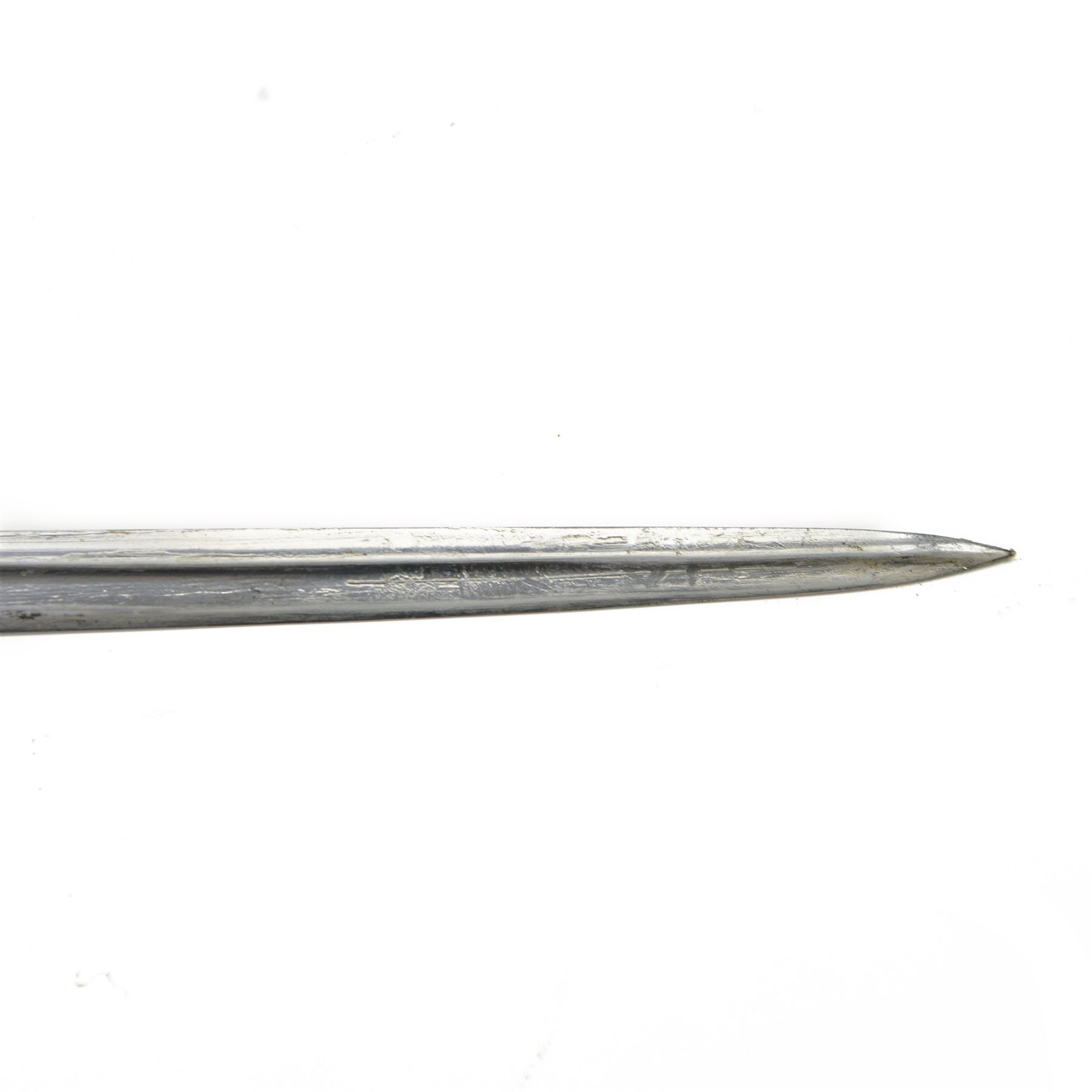 WWII German Kriegsmarine naval officers sword, the 79cm single edged blade marked Carl Eickhorn Solingen, brass hilt with anchor to folding guard, lion mask pommel, wirebound cream plastic ivorine grip, with leather scabbard with brass-mounted and single suspension ring, sword and scabbard marked 0.1735, overall L96cm  