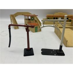 Hornby Dublo - two stations, signal box, 3-piece platform, footbridge, girder bridge etc; and other die-cast trackside and station accessories; all unboxed