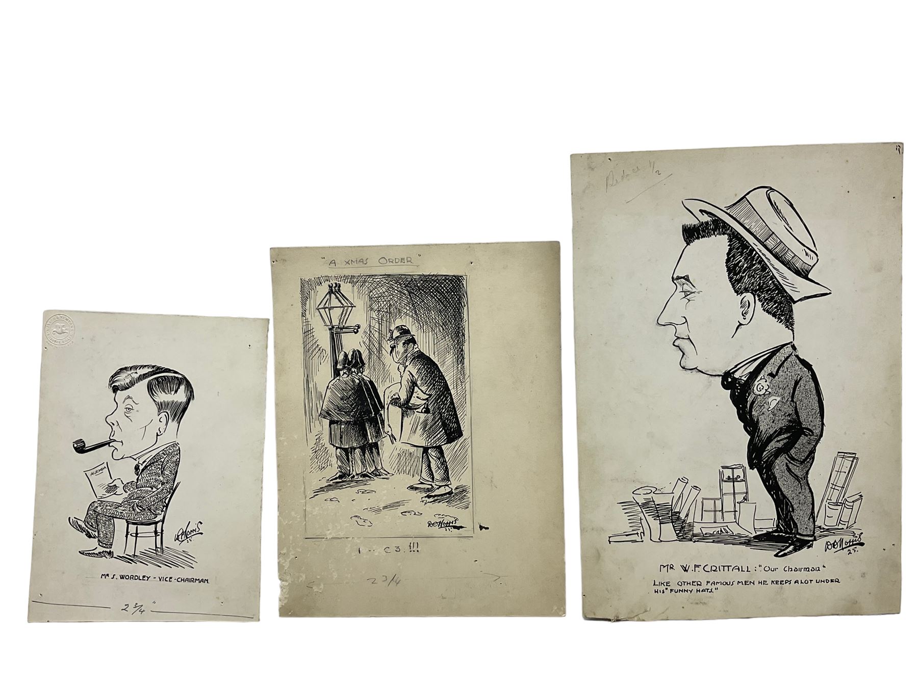 William O Norris (British 19th Century) - Large folio of humorous pen and ink illustrations for Crittall Magazine and other original works to include various advertisement drafts for Eastern National and Marconis Wireless Telegraph Company, mostly dated '25, and a photograph of the artist at work max 36cm x 46cm 