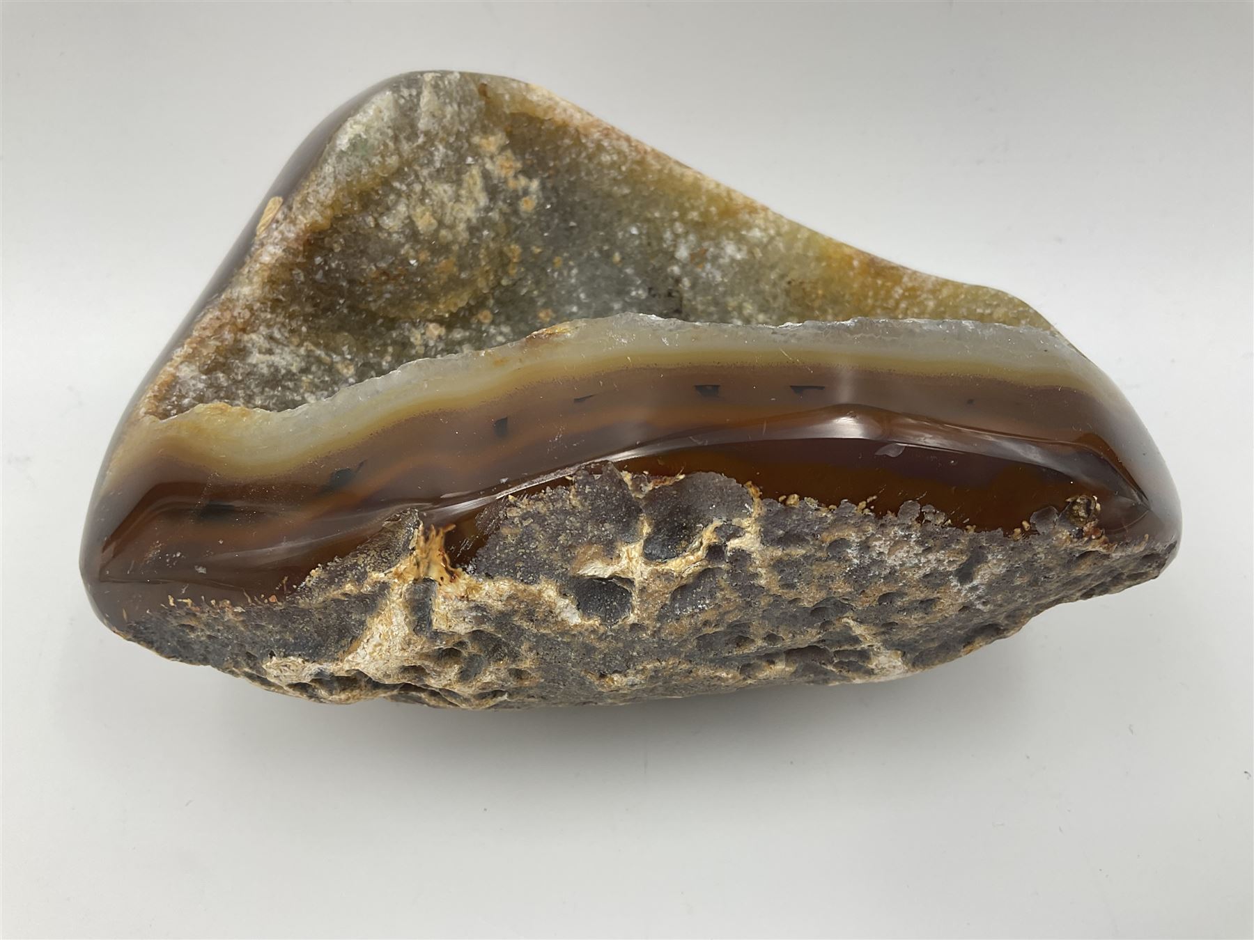 Agate crystal geode cluster, with crystals to the centre, in brown and grey tones, H7cm 