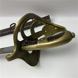 19th Century German (Saxony) Cavalry Sword, the 90.5cm single edge curved steel blade with narrow fuller to the back edge at each side, engraved with a crowned AR monogram and coat of arms, stamped with crowned AR, the back edge engraved C.v Keller im Solingen 1862, the brass half basket hilt with three flat curved bars, applied badge missing, marked G.R. 4, with ribbed leather covered grip and leather finger strap; in steel scabbard with two fixed suspension rings to one side and stamped G.R. II 118; L109.5cm overall