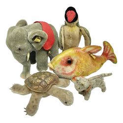 Five small Steiff animals - elephant with red sash and bells H16cm, dolphin with mottled red/yellow body, 'Tabby' cat with card name tag and bell, tortoise with vinyl carapace and penguin (5)