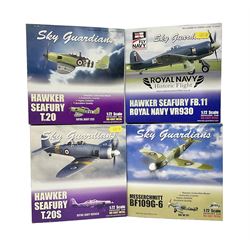 Four 1:72 scale model airplanes comprising three Skyguardians ‘Hawker Seafury’ models Royal Navy WG655, Royal Navy VR930, Royal Navy 253 and one Skyguardians ‘Messerschmidt BF109G-6’ RAF VX 101; all in original boxes (4) 