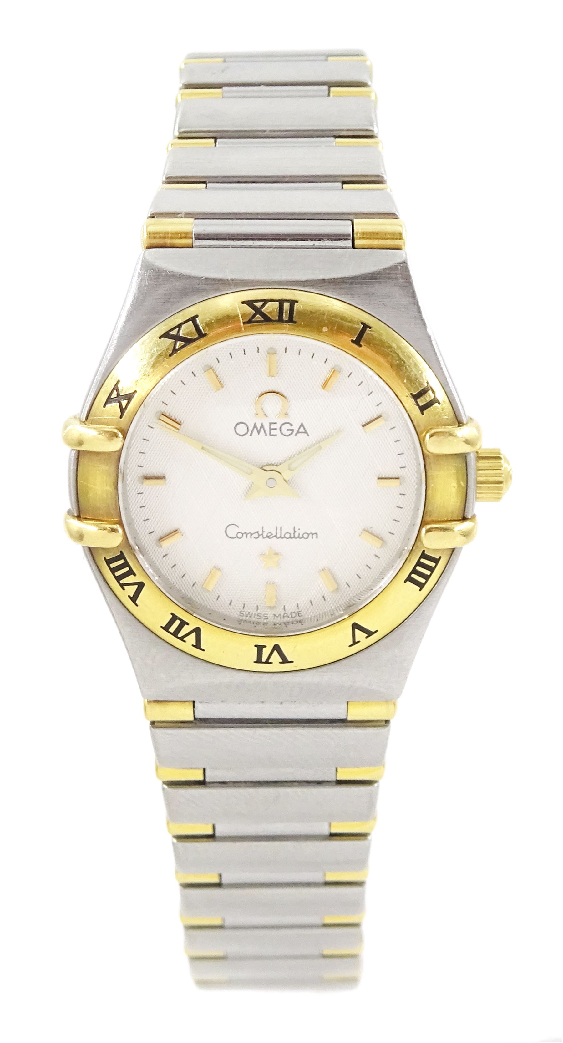 Omega Constellation ladies bi-colour quartz wristwatch, silvered dial with baton hour markers and Roman numeral bezel, on original Omega bracelet, with fold-over clasp