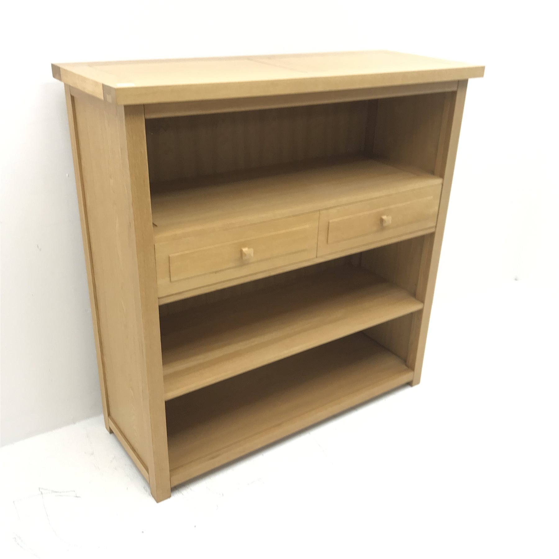 Light oak open bookcase storage unit, two shelves, two drawers, stile