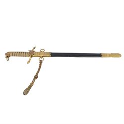 George V midshipman`s dirk, the 45cm straight single edged blade, length etched with crowned GRV cypher and anchor foliate scrolls, gilded brass hilt with lion`s head pommel and wirebound fishskin covered grip, in brass mounted leather sheath, the upper mount engraved  'C.R.B', with a cord and wire knife knot, overall L6cm` 