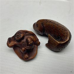 Seven carved netsukes, to include koi carp, owl, rat, toad etc 