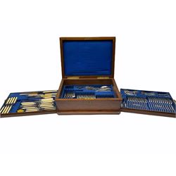 Walker & Hall silver plated Fiddle pattern canteen for twelve settings, contained within a walnut case of bombe form with figured top and inset brass presentation plaque, case H16cm L44.5cm D33cm.