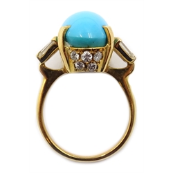 18ct gold (tested) oval turquoise and diamond ring, with tapering baguette diamond shoulders  