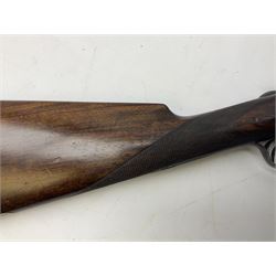Smith Midgley Bradford 12-bore side-by-side double barrel side-lock ejector shotgun with 71cm barrels, engraved action with patented top lever, ivy leaf fences and top safety, walnut stock with chequered grip and fore-end, serial no.62409 to barrels and 1481 to action, L115cm overall SHOTGUN CERTIFICATE REQUIRED