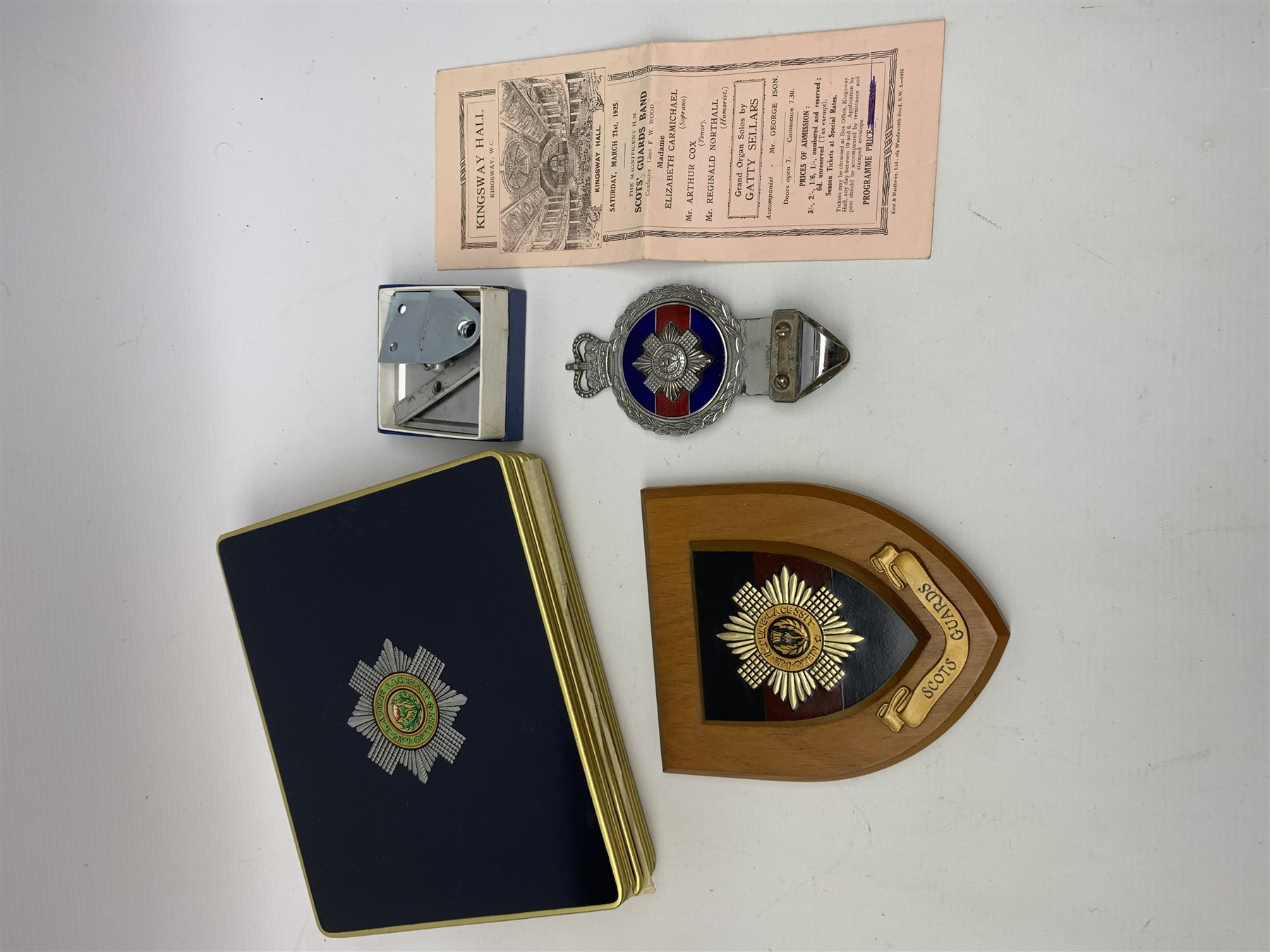 Scots Guards - three car badges by Beaulah, Gaunt etc; Military Drum Ice Bucket in original box; Regimental Crest on shield; boxed sets of table mats and coasters; two wallets; 45rpm record; ash trays etc