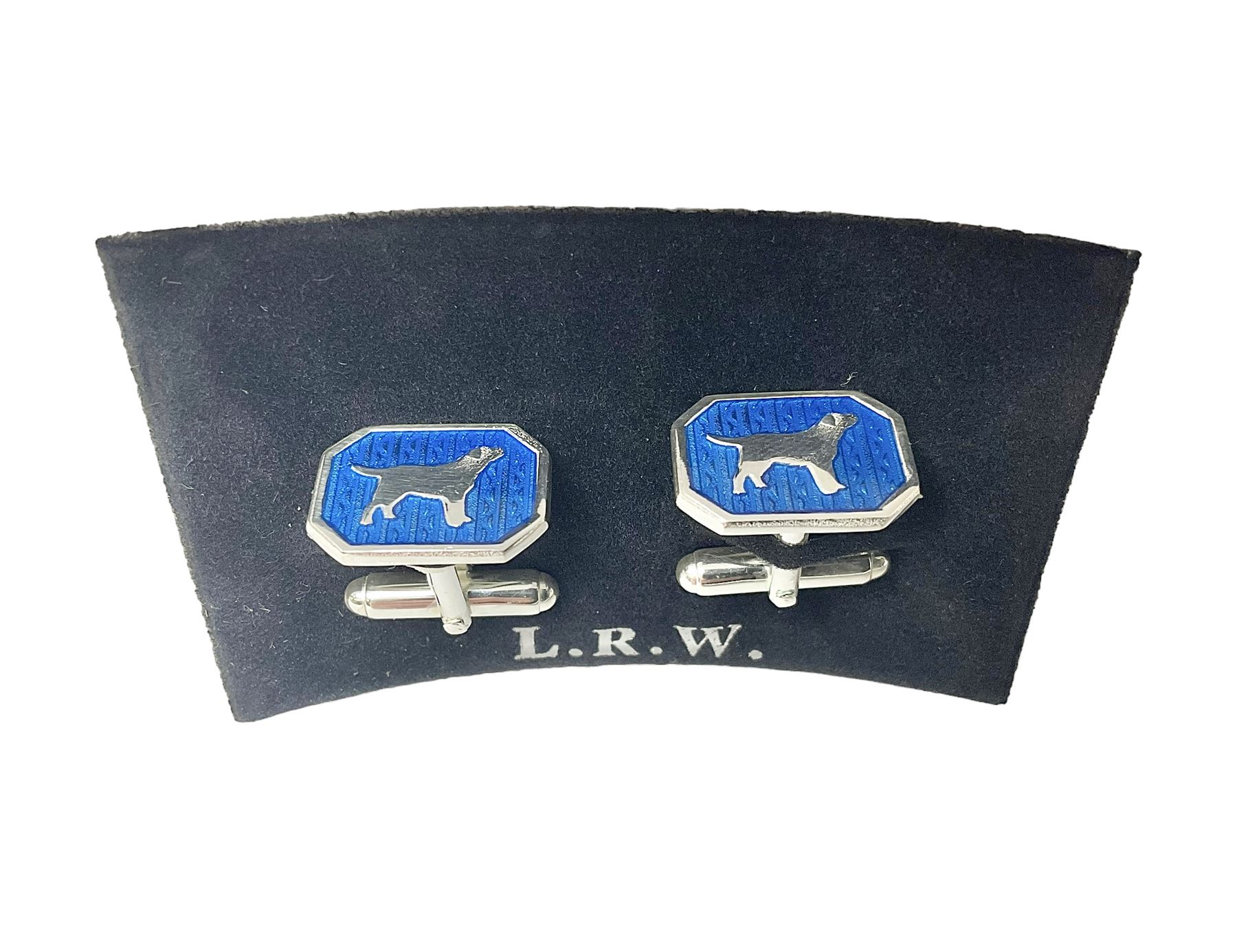 Pair of silver blue enamel dog cufflinks, hallmarked
