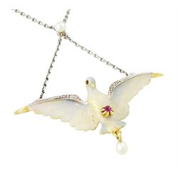Early 20th century platinum and gold enamel, pearl and diamond dove pendant necklace, the dove in flight, with applied opalescent enamel, ruby set eyes and the wings outlined with rose cut diamonds, its claws holding a round cut ruby and suspending a pearl drop, stamped 18ct, to a platinum chain set with an additional pearl