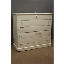  20th century painted pine cupboard, double hinged top with baskets, double cupboard below, W111cm, H101cm, D52cm  