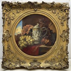 English School (19th century): Still Life of Fruit and a Tankard, circular oil on canvas unsigned dia. 42cm in ornate swept gilt frame
