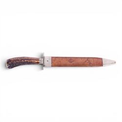 Unwin & Rodgers horn handle Bowie knife with leather scabbard, L33cm  
