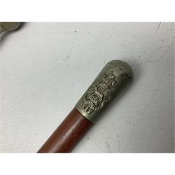 George V 1897 pattern Army Officer's sword by Henry Wilkinson Pall Mall London, the 82.5cm 'London Made' blade etched to both sides with Royal Crests and cyphers etc, pierced half-basket hilt with wire-bound fish skin grip and remains of leather knot strap; in leather covered field service scabbard L101cm overall; and two 14th Prince of Wales Own swagger sticks (3)