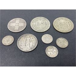 Queen Victoria Gothic florin, King George V 1920 and 1923 half crowns, silver threepence pieces etc