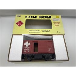 LGB (Lehmann Gross Bahn) G scale, gauge 1 - 0-4-0 tank locomotive No.995001; unboxed; and two American Aristo Craft Trains 2-axle boxcars Santa Fe and Pennsylvania; both boxed (3)