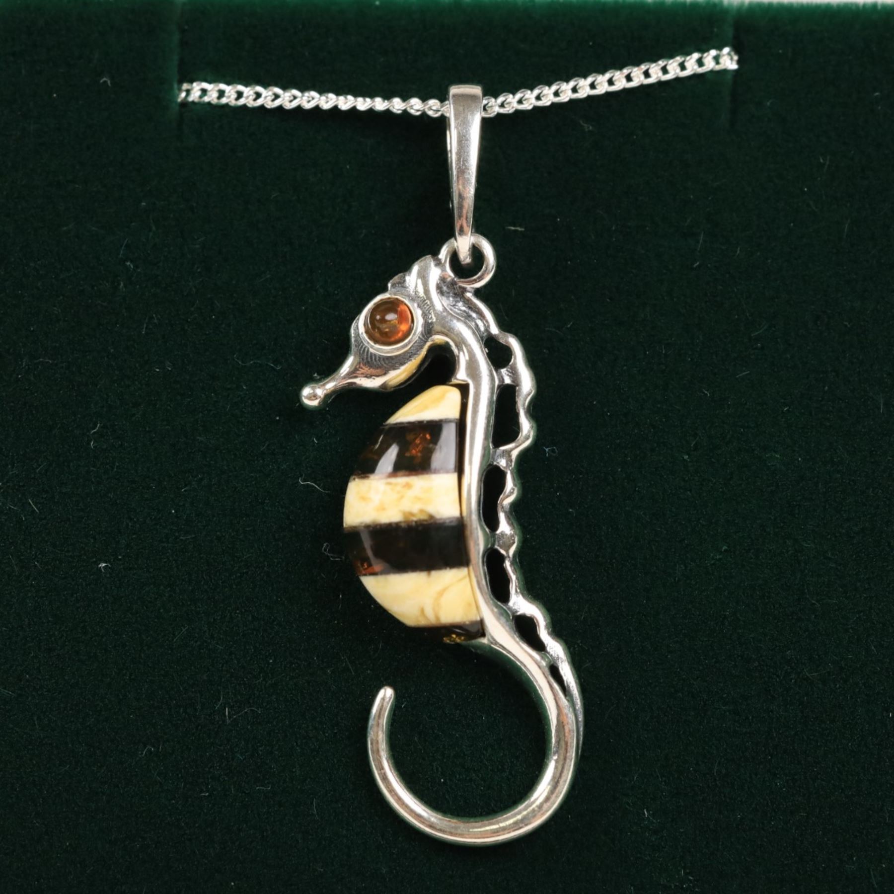Baltic amber seahorse pendant necklace, boxed