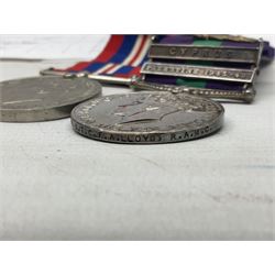 George VI General Service Medal with two clasps for Palestine 1945-48 and Cyprus and MID oak leaf awarded to 14887162 Sjt. C.F.A. Lloyd R.A.M.C. together with WW2 War Medal 1939-1945; both with ribbons; and quantity of photocopied research material including Army Records and London Gazette