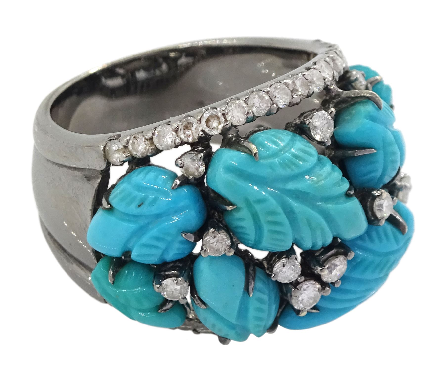 18ct gold black rhodium plated turquoise leaf and round brilliant cut diamond ring, stamped 750
