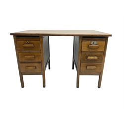 Early to mid-20th century oak twin pedestal desk, rectangular top over five drawers