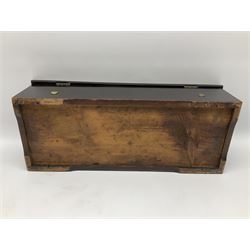 Victorian rosewood and ebonised music box, the hinged cover with inlaid geometric motif opening to reveal a brass crank handle and glass viewing lid covering a twelve inch cylinder, comb with seventy two teeth, and jewelled governor, playing ten airs as detailed on the song sheet, H14cm W56.5cm D23cm