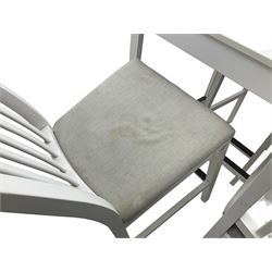 IKEA - 'Ekedalen' bistro set, rectangular table raised on chamfered supports (W121cm D80cm H106cm); and set four bar stools, stick back, in white finish