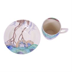 Clarice Cliff Viscaria patter coffee cup and saucer, hand painted with a stylised trees, together with Rhodanthe plate, with Bizarre and printed marks to base, plate D21cm