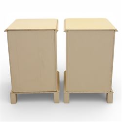 Contemporary French design white painted bedroom suite retailed by Barkers of Northallerton, comprising wide chest fitted with four short and four long drawers with oval brass handles (H 70cm, W 159cm, D 46cm), pair of bedside chests each fitted with three drawers (H 62cm, W 40cm, D 46cm), dressing table fitted with four short drawers and central kneehole with shaped apron (H 79cm, W 131cm, D 46cm) with matching framed wall mounted mirror (H 100cm, W 113cm), and full length standing mirror (H 175cm, W 73cm)