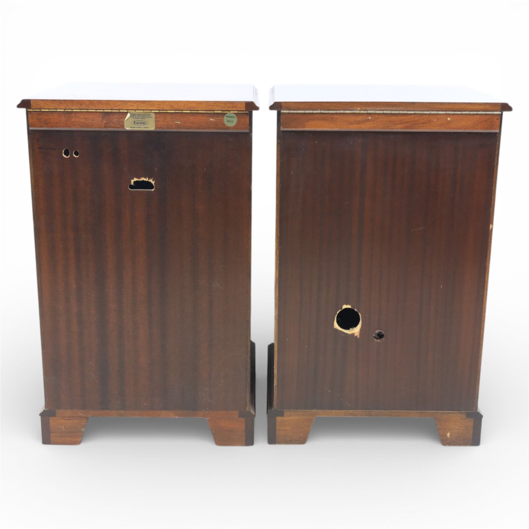 Reprodux - Georgian design pair of mahogany bow-front cabinets, moulded lifting hinged top, above a locking cabinet with drawer below, raised on bracket feet 
