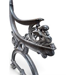 Yates Haywood - pair of 19th century cast iron bench ends, winged griffin detail, arched legs with rope turned decoration, finish in green paint, registration number 206550, first registered 8 March 1867 (see illustration), length as required