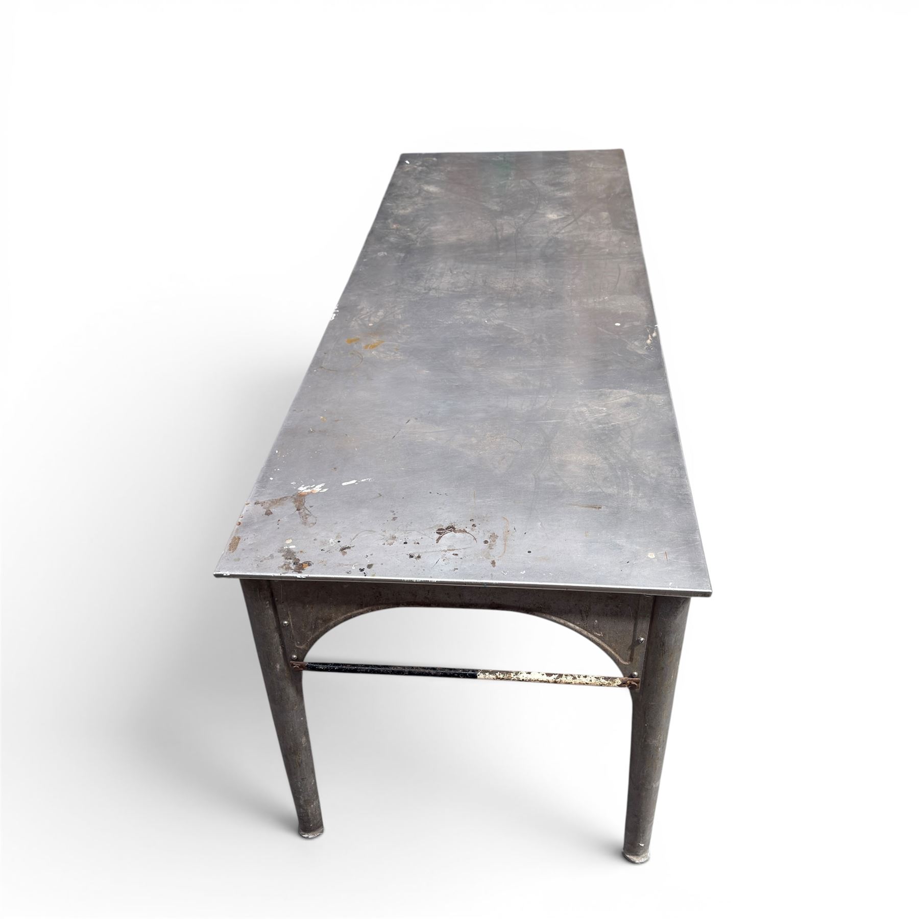 Large galvanised steel industrial or work table, rectangular top over tapering supports, stamped APVO
