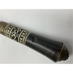 
Late 19th/early 20th century Anglo Indian ebony and bone sword stick with 62cm steel blade, brass locking ferrule and lion mask pommel L92 cm.