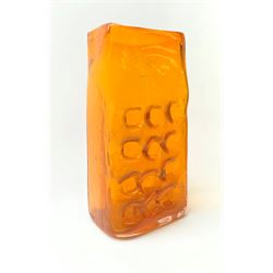A large Whitefriars tangerine glass Nuts and Bolts vase, with textured finish twelve non-uniform squares to one side, H27cm 