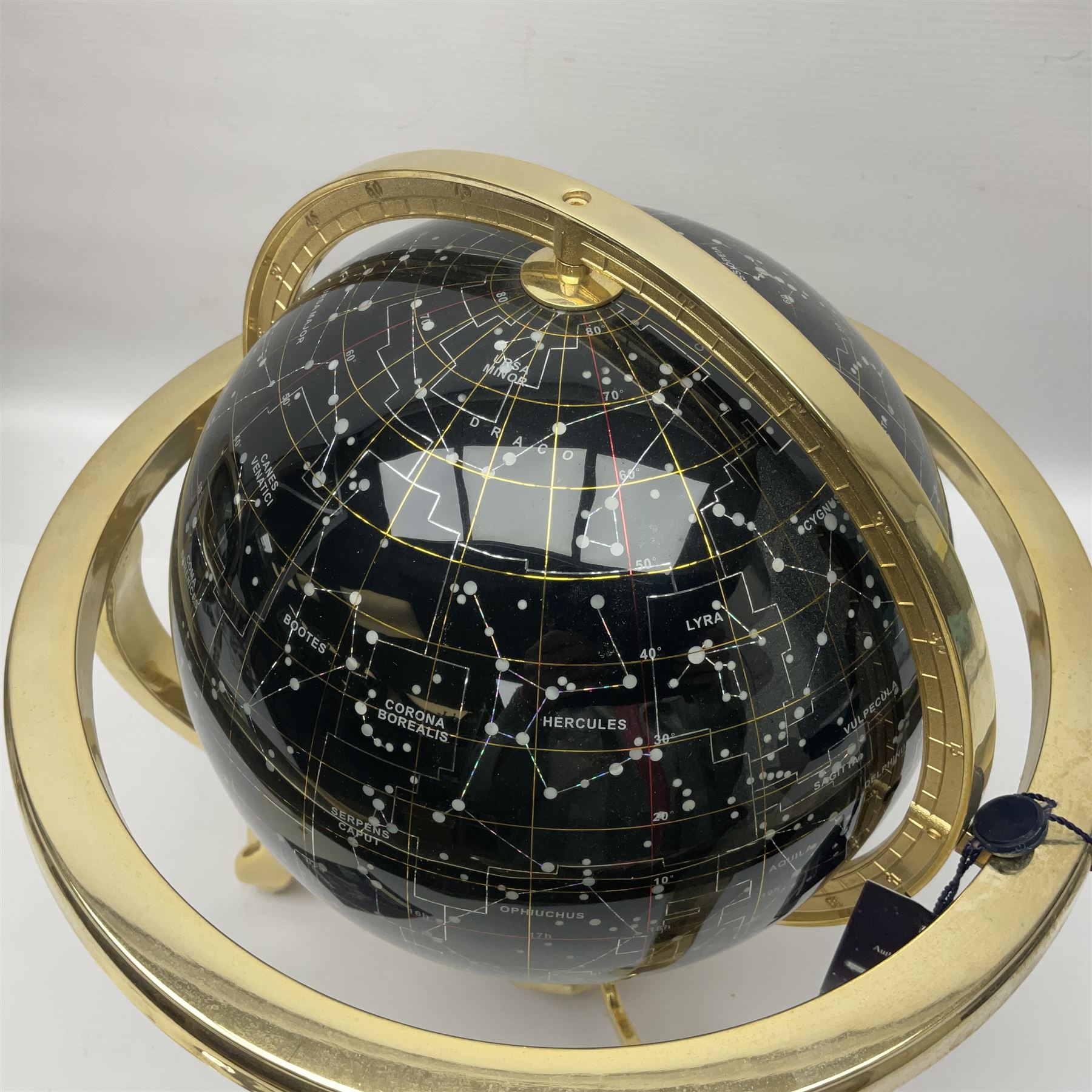 Night Sky Celestial Globe, on gilt metal stand, H36cm, with original box and certificate, together with a polished hardstone terrestrial globe, H34cm