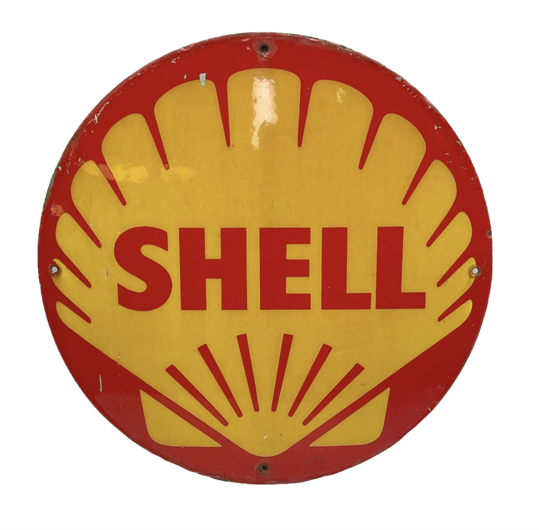 Circular enamelled red and yellow sign depicting Shell logo and text, D40cm