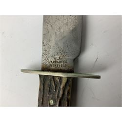 Hunting knife by J Nowill & Sons, Sheffield, the handle inset with mother of pearl, blade length 19cm; George Wolstenholme IXL lock-knife with antler scales L29cm open; and another Bowie style hunting knife marked 'V.R. Warranted Sheffield Joseph Ellis & Sons' in leather sheath (3)