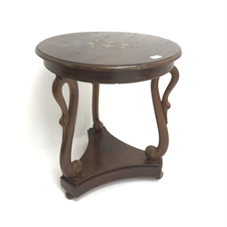  20th century inlaid mahogany circular lamp table, three carved swan neck supports joined by solid undertier, D56cm, H63cm  
