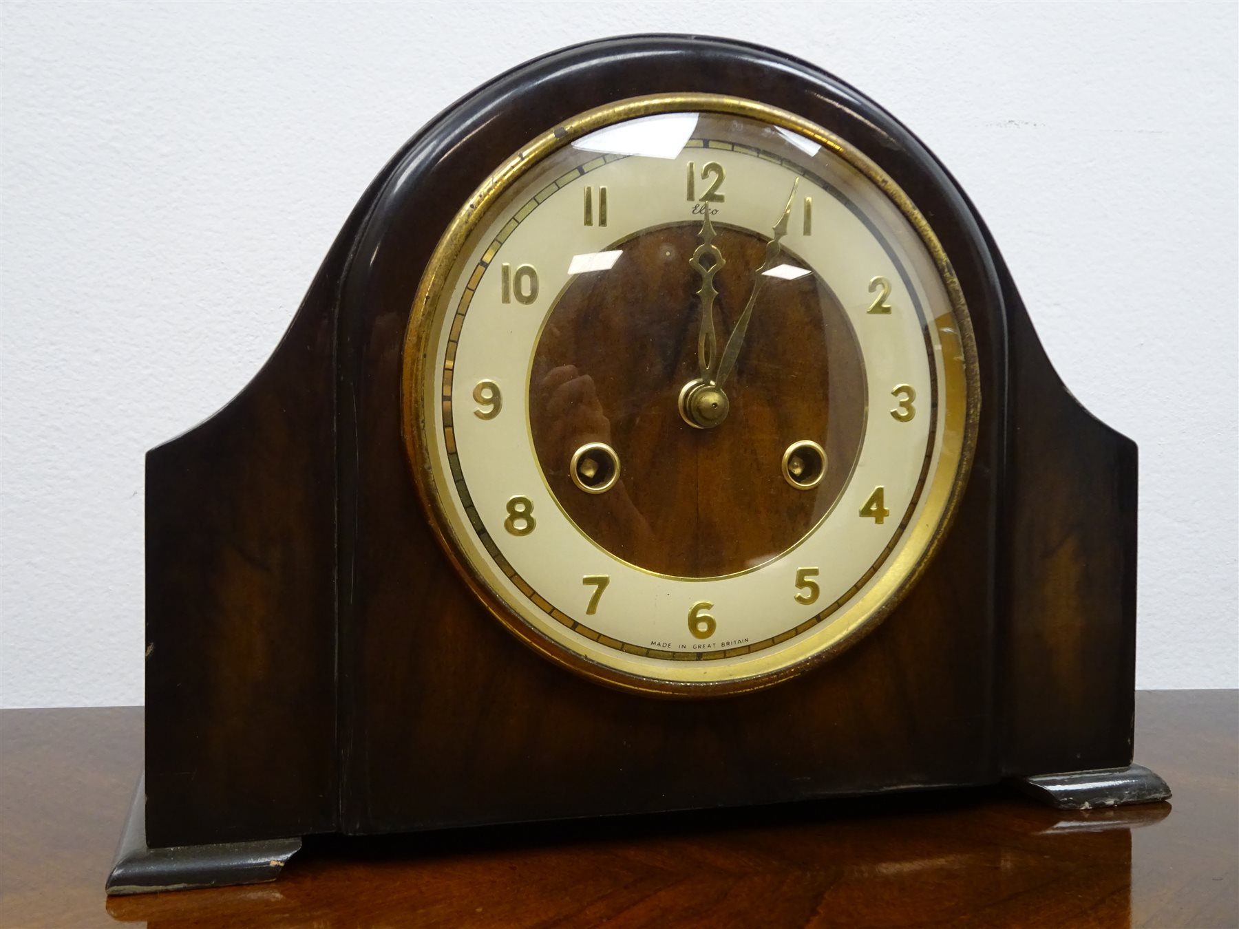 Art Deco walnut and chrome cased mantle clock with silvered Arabic