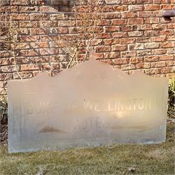 Edwardian etched and cut glass window panel, ex Duke of Wellington Hotel, York. 107cm x 70cm. 