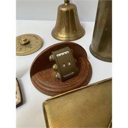 Quantity of brass to include Canadian 18 Pr. Mark II brass shell case,  Corinthian column candlestick with weighted base, perpetual desk calendar on wood base, engine turned cigarette cases and a quantity of metal table lighters etc