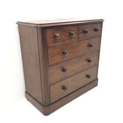 Victorian mahogany chest, two short and three long drawers, plinth base on turned supports, W118cm, H110cm, D53cm