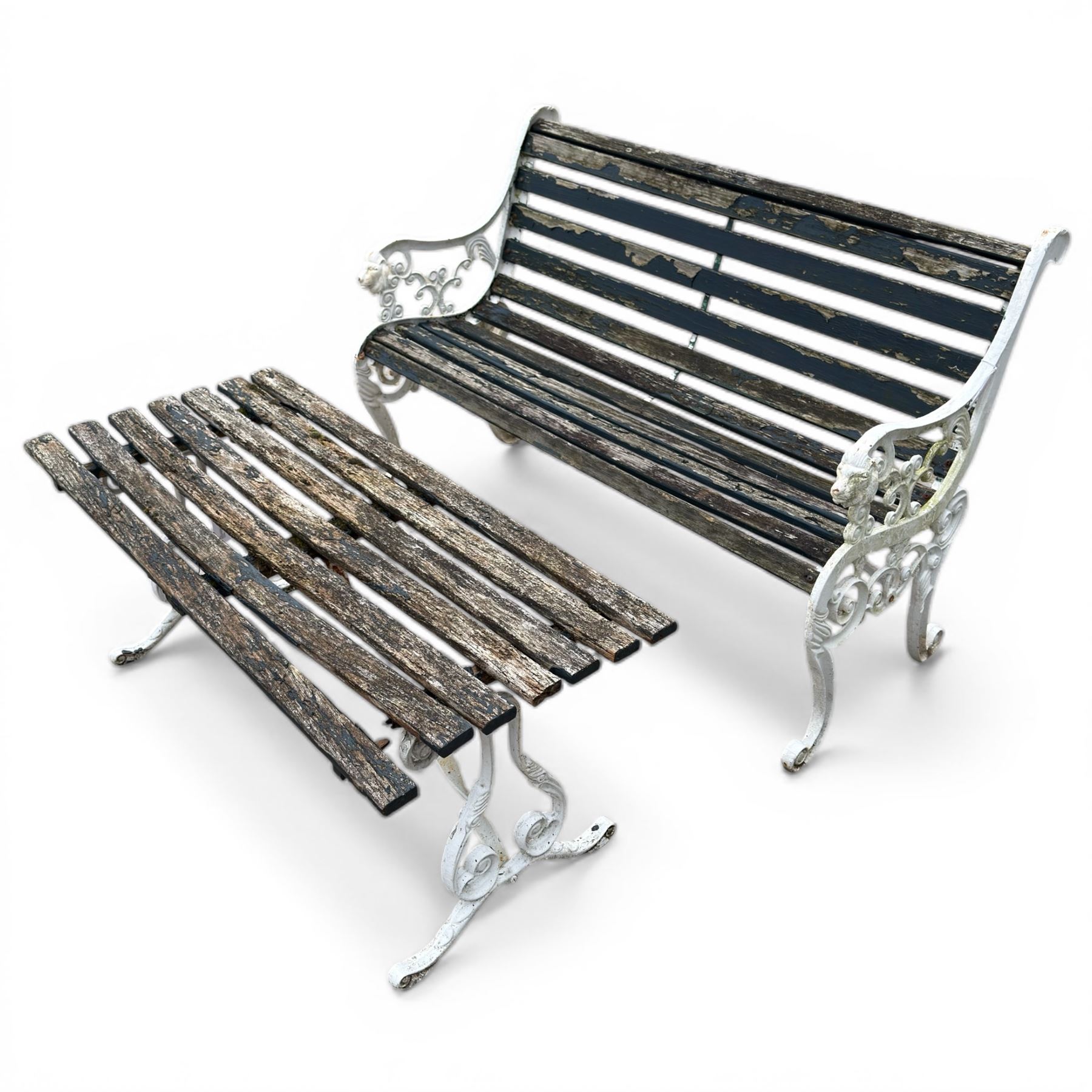 White painted cast iron slatted garden bench with 110cm wide rectangular coffee table