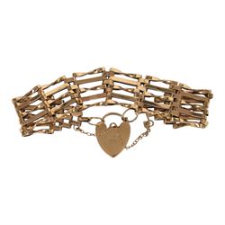 9ct five bar gate bracelet, with heart locket clasp, hallmarked