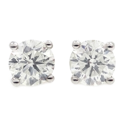  Pair of 18ct white gold diamond stud earrings approx 2.5 carat total stamped 750 with WGI certificate  