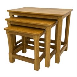 'Rabbitman' oak nest of three tables with adzed tops, each carved with rabbit signature, by Peter Heap of Wetwang
